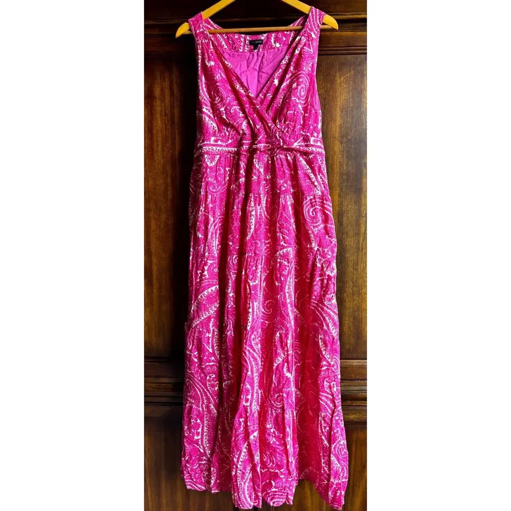 Talbots Maxi Dress 16 Pink Paisley Tiered Tie Back Breezy Coastal - Picture 2 of 9